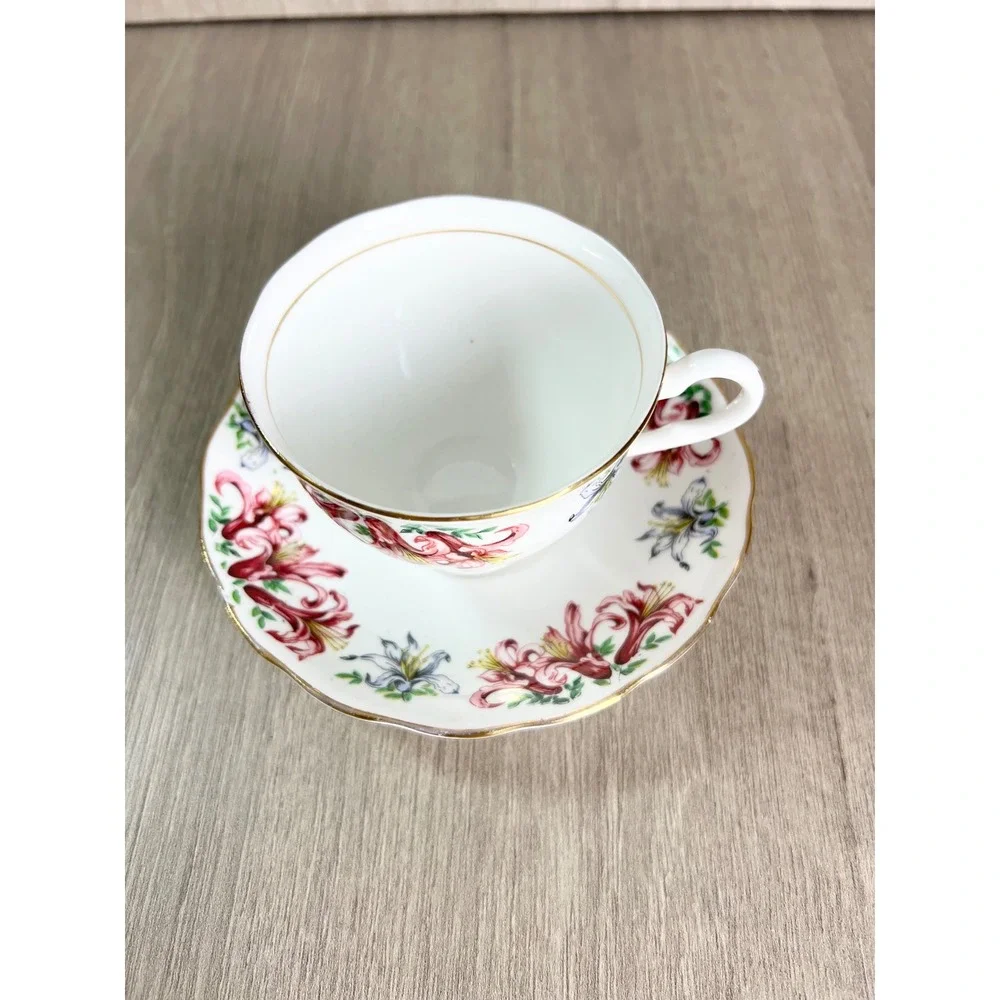 Colclough Bone China Tea Cup and Saucer Set Red Blue Lily Floral Made in England